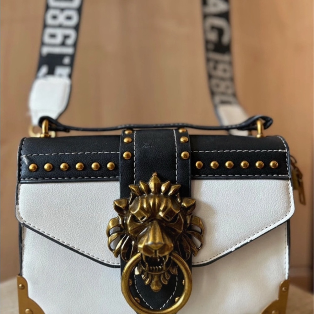 Gold Lions head Black and White Crossbody Bag